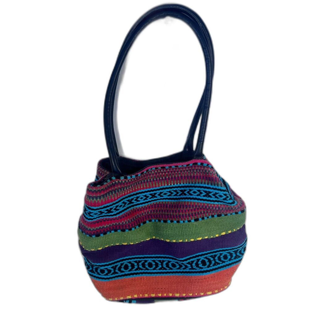 Woven‎ Knit Colorful Embroidered Canvas Striped Shoulder Tote Bag Guatamalan